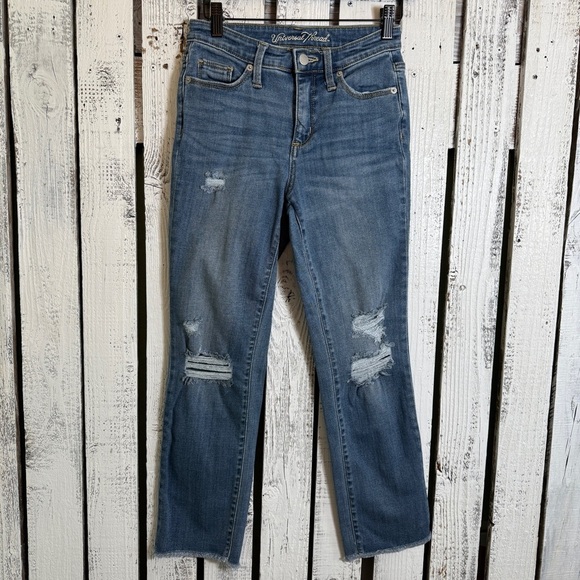 Universal Thread High Rise Straight Crop Blue Jeans Size 00 Distressed Raw Hem - Picture 2 of 11